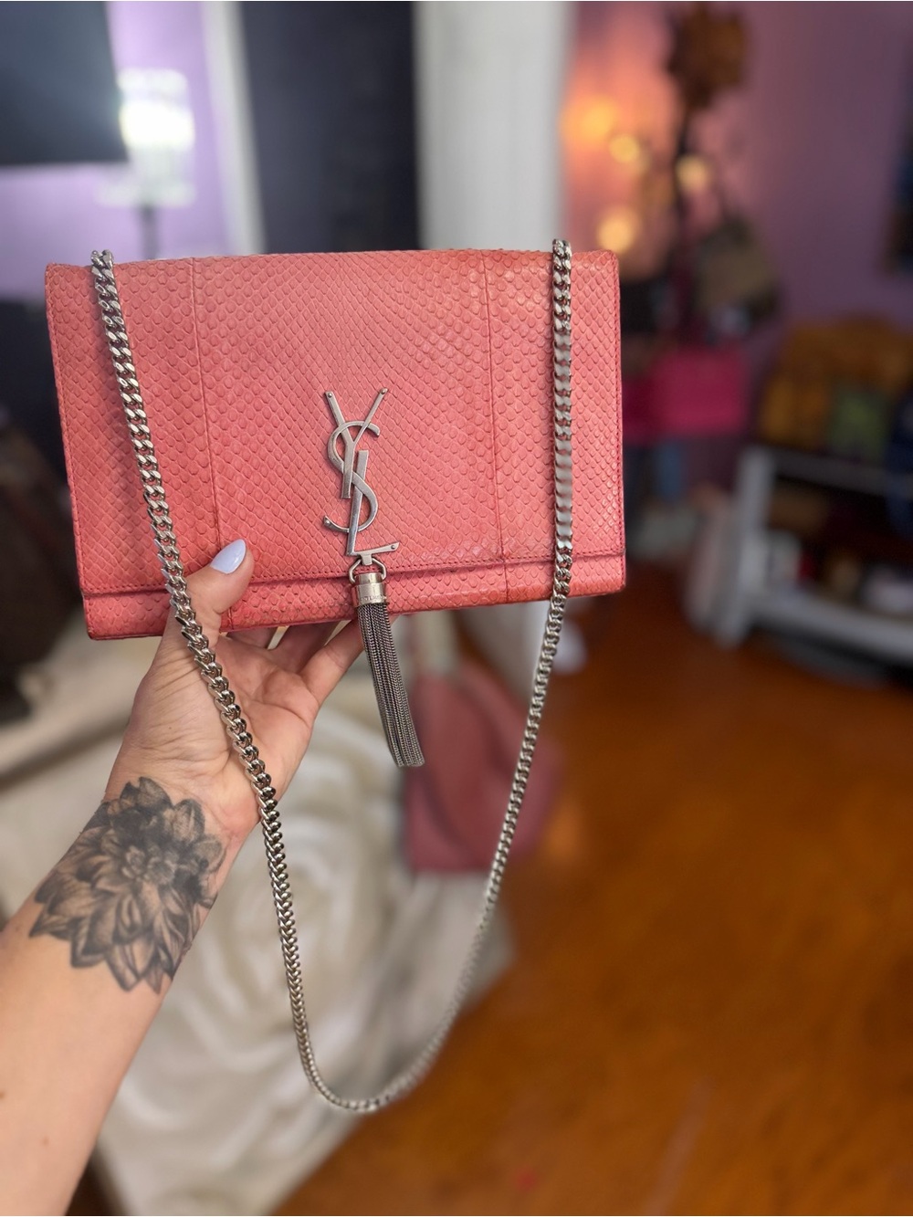 Yves Saint Laurent Coral Red Monogram Tassel Crossbody Bag - Picture 9 of 15